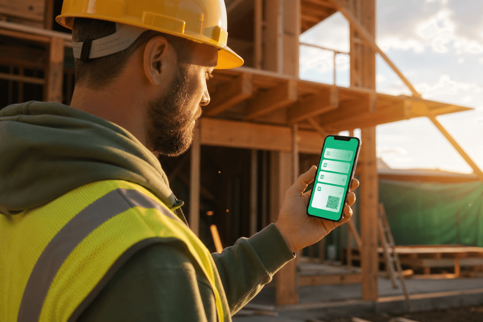 A site lead on a construction site with a phone showing the warehouse app