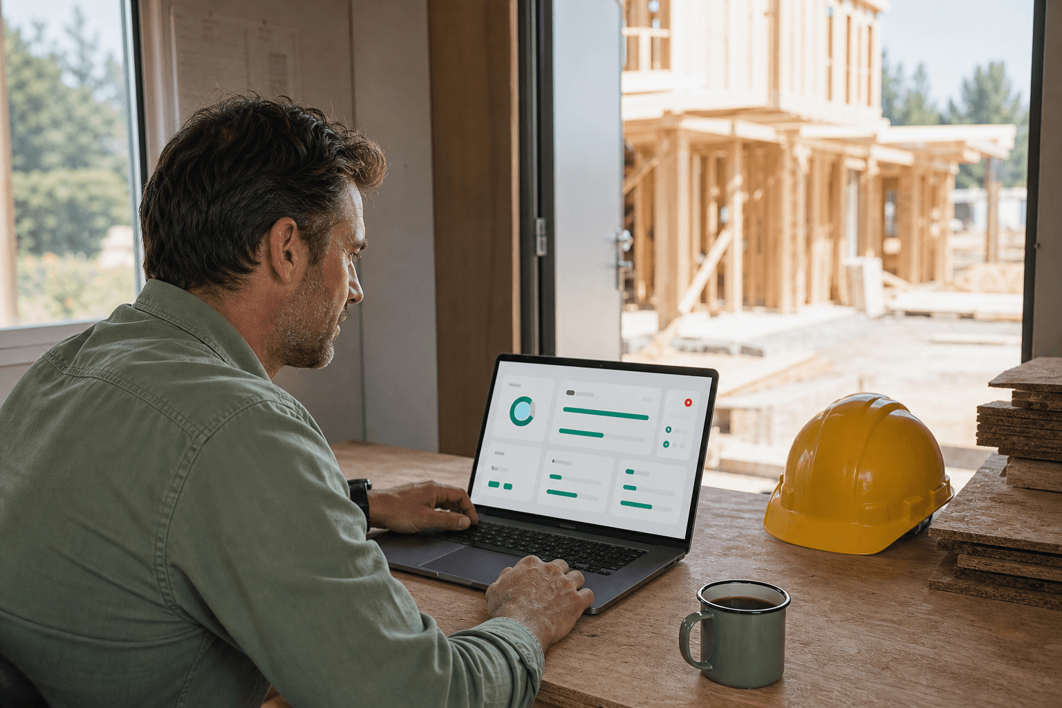 A site manager at a laptop showing the warehouse dashboard in a site office
